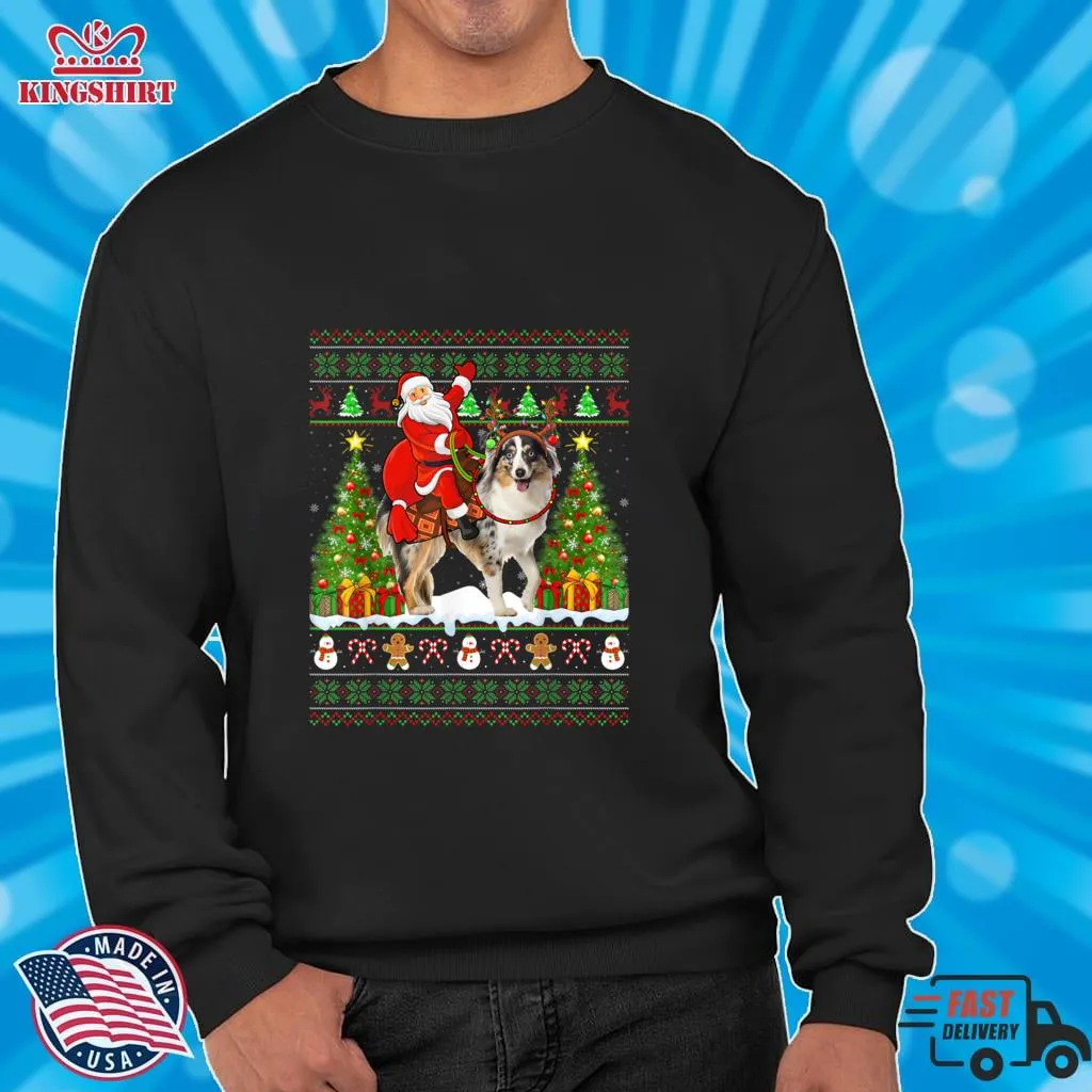 Xmas Ugly Santa Riding Australian Shepherd Dog Christmas T Shirt