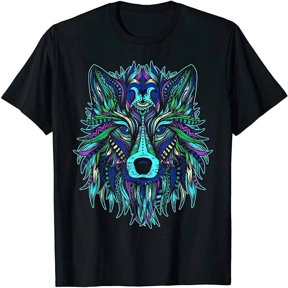 Colorful Wolf Head Tee Trendy Tribal Art T Shirt Size Up To 5Xl, Hoodie