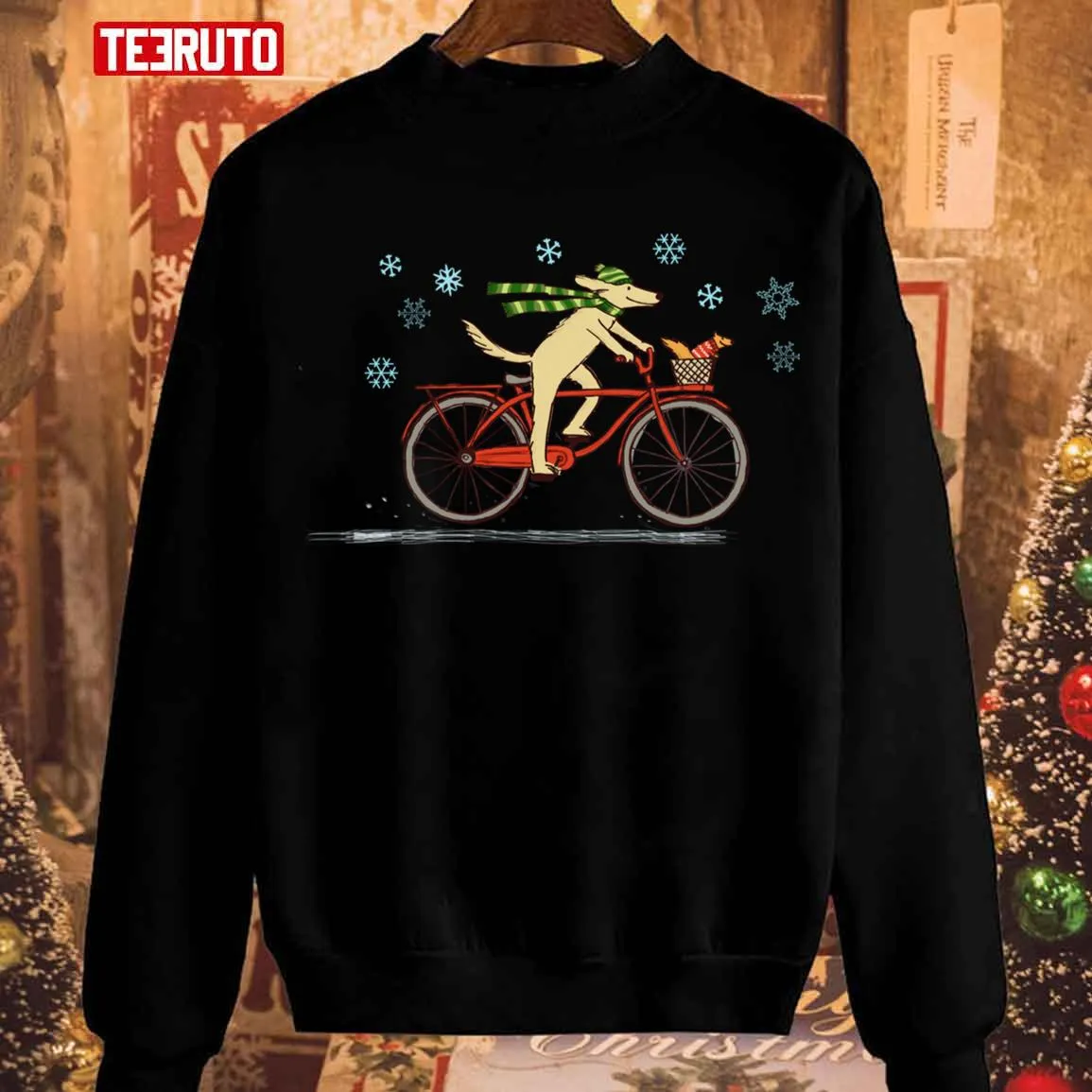 Dog Riding Bicycle With Squirrel Winter Holiday Christmas Unisex Sweatshirt