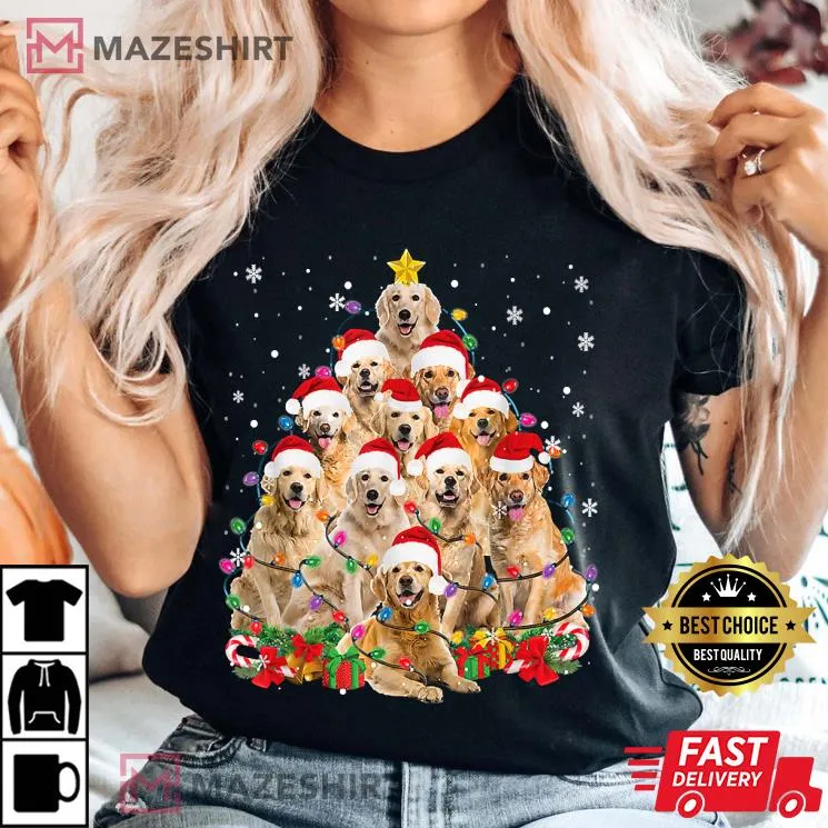 Funny Golden Retriever Christmas Lights Tree Dog Lover Xmas T Shirt