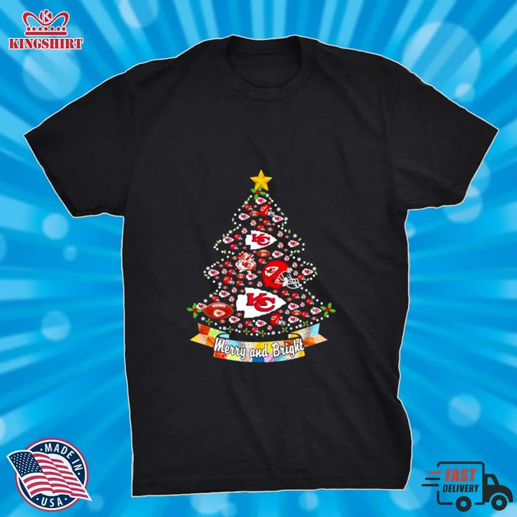 Kansas City Chiefs Helmet Tree Merry And Bright Christmas Shirt