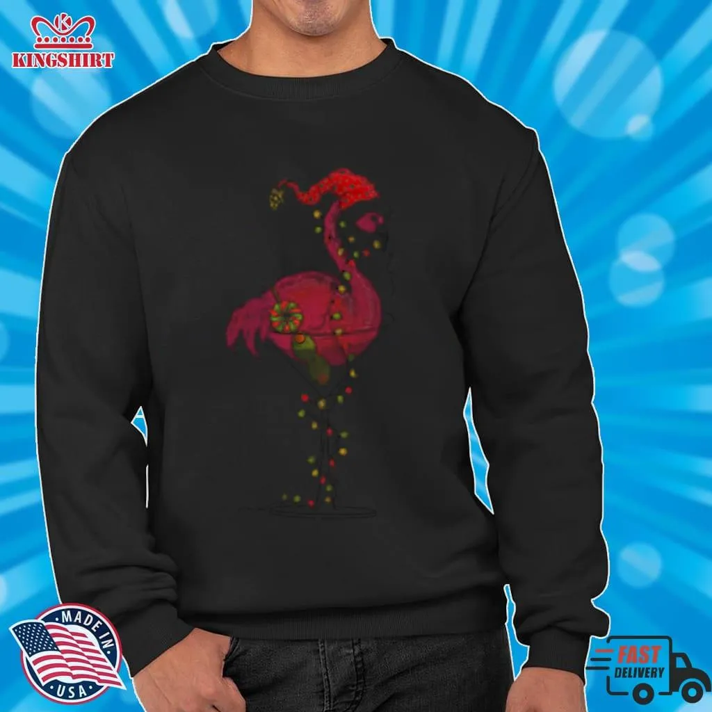 Christmas Flamingo And Glass And Colorful String Lights T Shirt