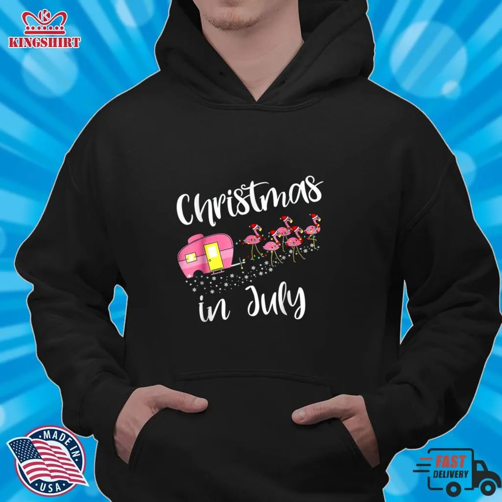 Christmas In July Flamingo Pink Funny Camping Camper T Shirt