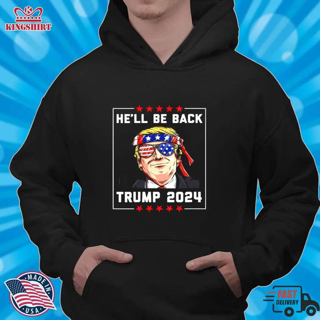 Romantic Style HeLl Be Back Trump 2024 Ribbon Sunglasses American Flag Shirt V-Neck Unisex