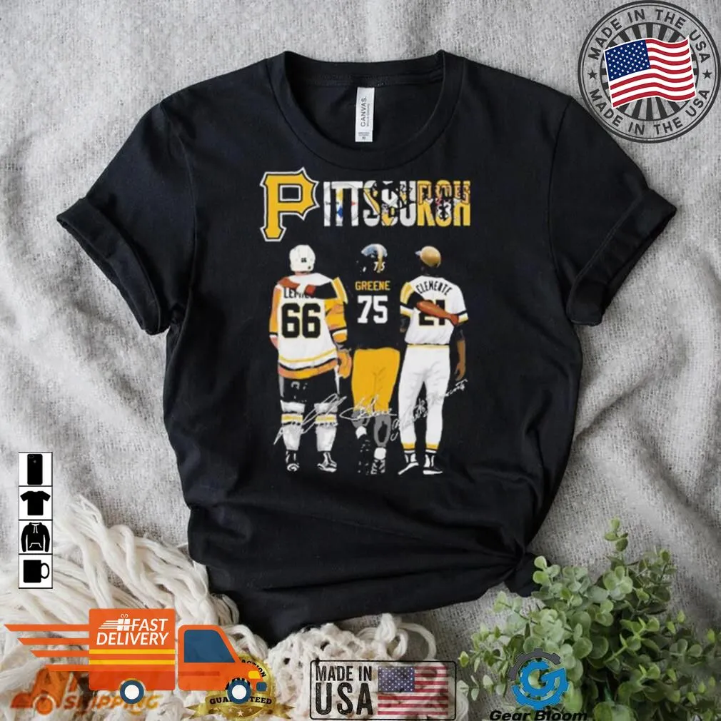 Funny Pittsburgh Sports With Mario Lemieux Joe Greene And Clemente Jersey Signatures Shirt Unisex Tshirt