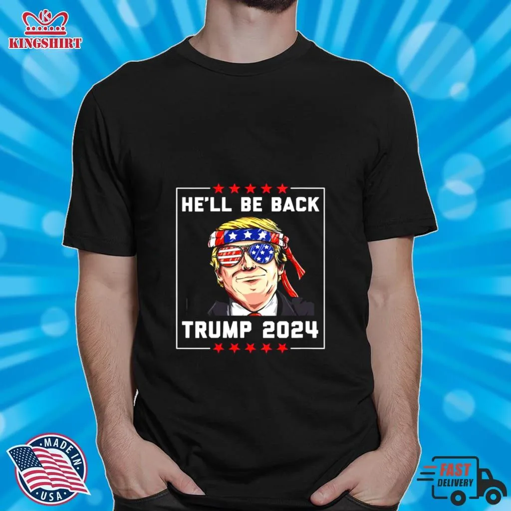 Romantic Style HeLl Be Back Trump 2024 Ribbon Sunglasses American Flag Shirt V-Neck Unisex