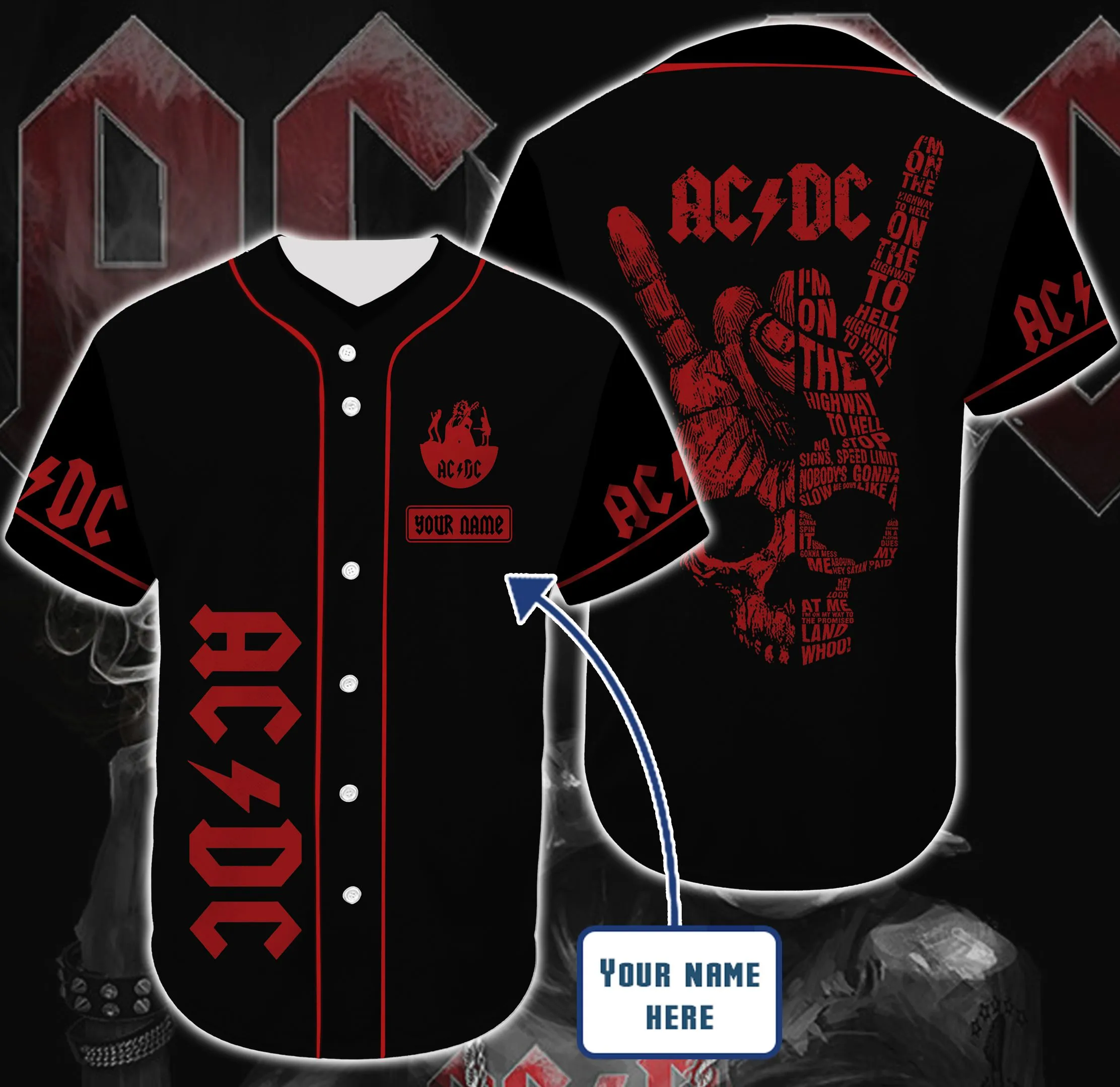 Ac Dc Black And Red Personalized Custom Name Baseball Tee Jersey Shirt Unisex Men Women Dad