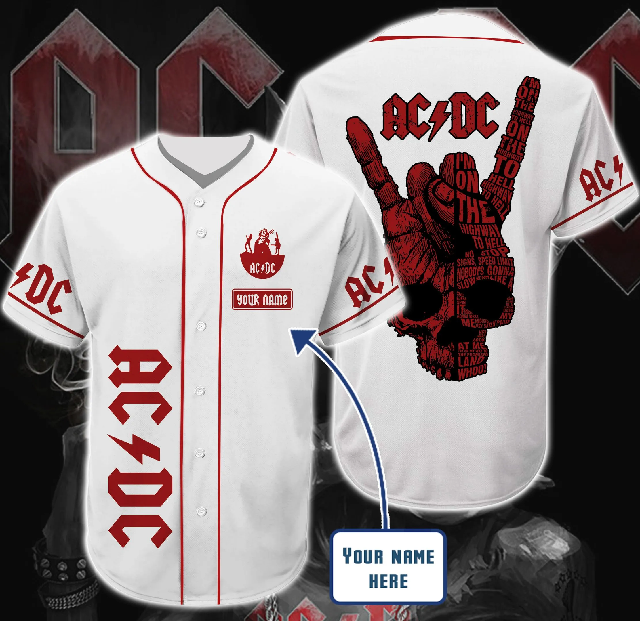 Ac Dc White And Red Personalized Custom Name Baseball Tee Jersey Shirt Unisex Men Women Dad