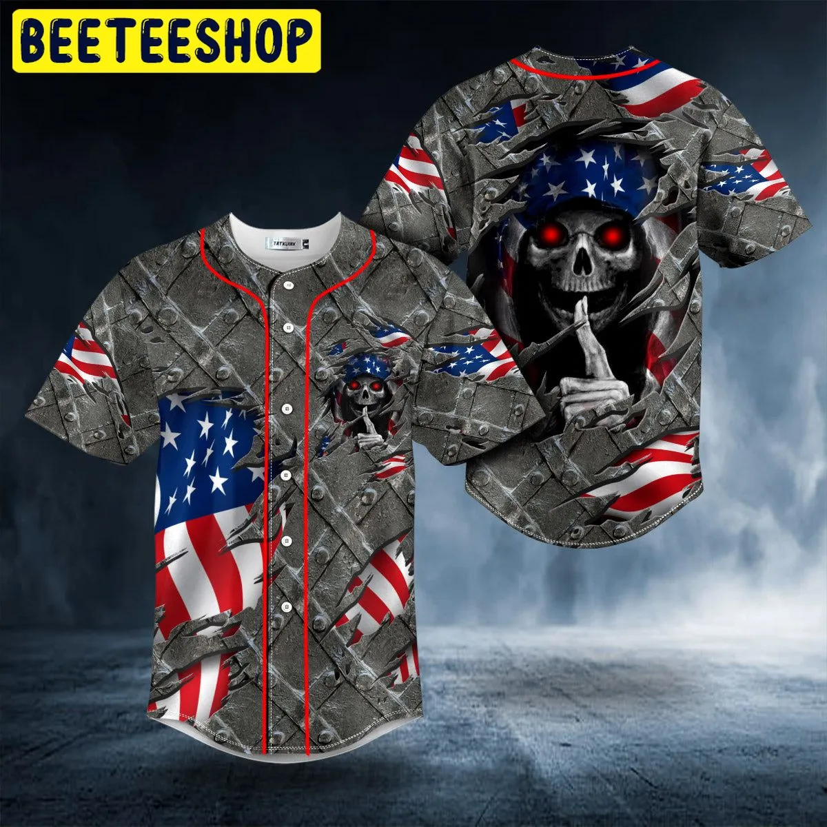 American Flag Grim Reaper Shh Red Eyes Skull Trending Baseball Jersey