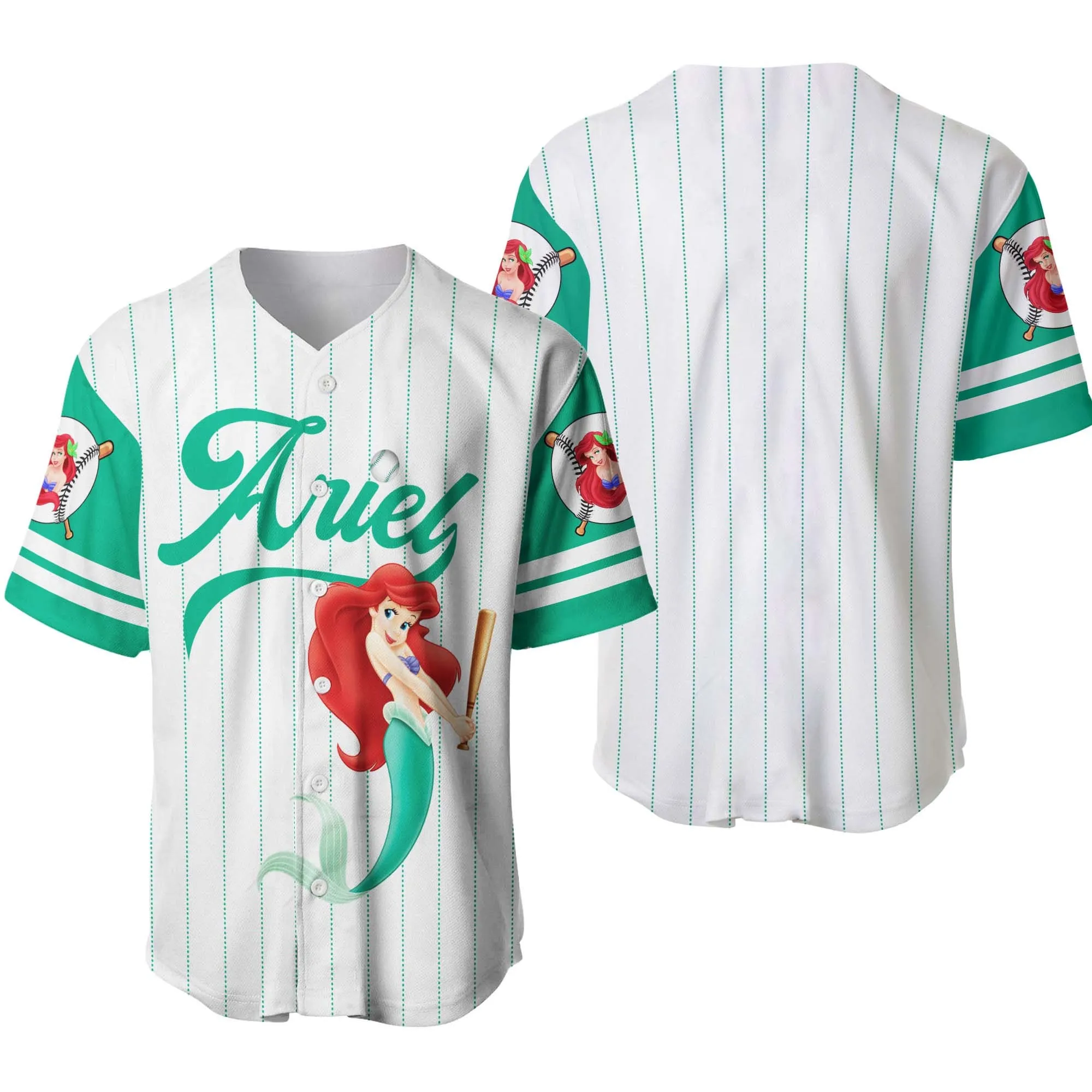 Ariel Princess White Mint Green Disney Cartoon Design Custom Personalized Baseball Jersey Disney Mom Shirt