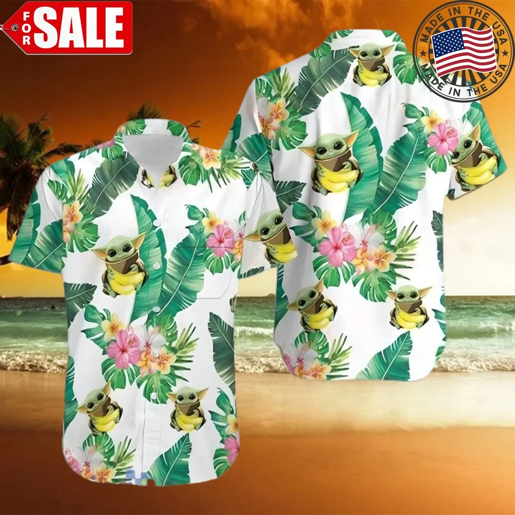 Baby Yoda Hugging Bananas Tropical Leaves Hawaiian Shirt Size up S to 5XL
