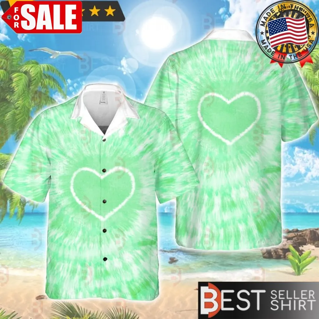 Bad Bunny Rapper Concert Outfit Heart Green Tie Dye Hawaiian Shirt Hippie Style Size up S to 5XL