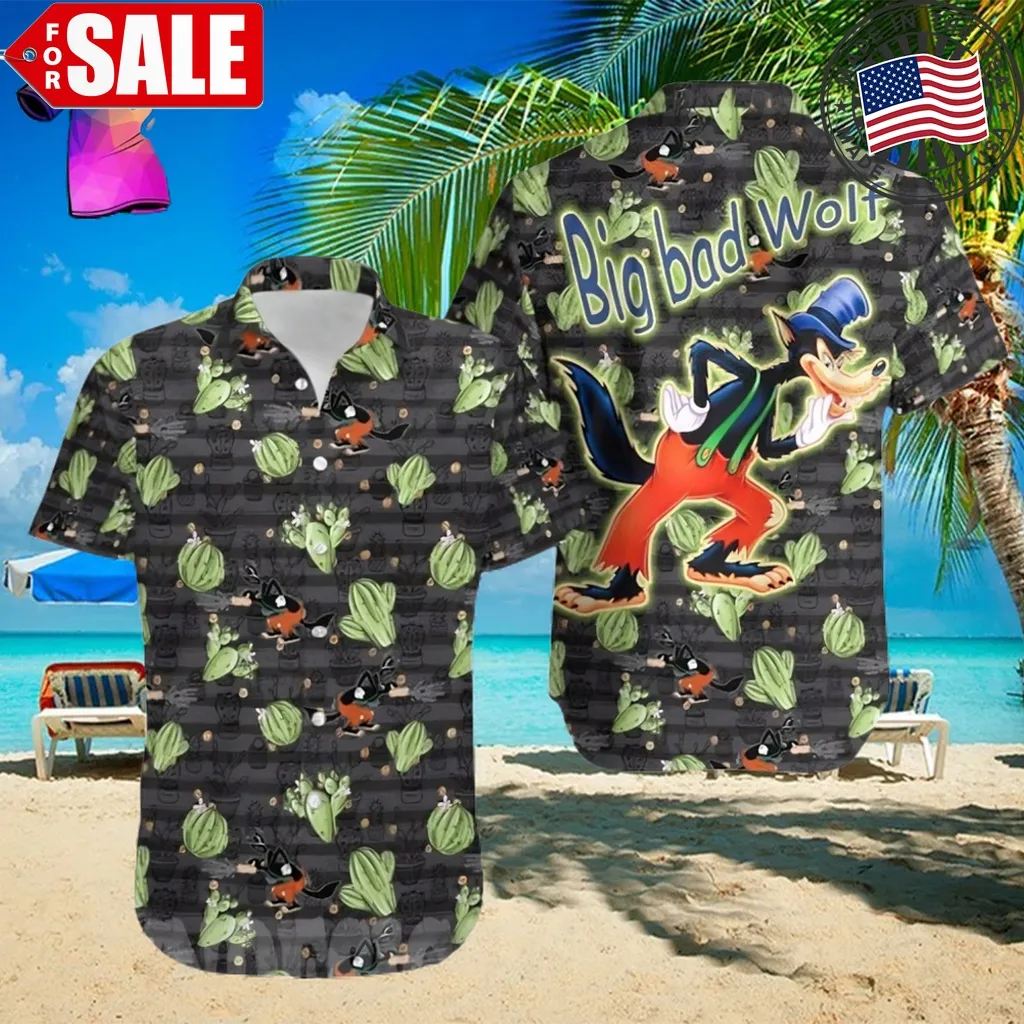 Big Bad Wolf Disney Cactus Pattern All Over Print Hawaiian Shirt   Black Plus Size
