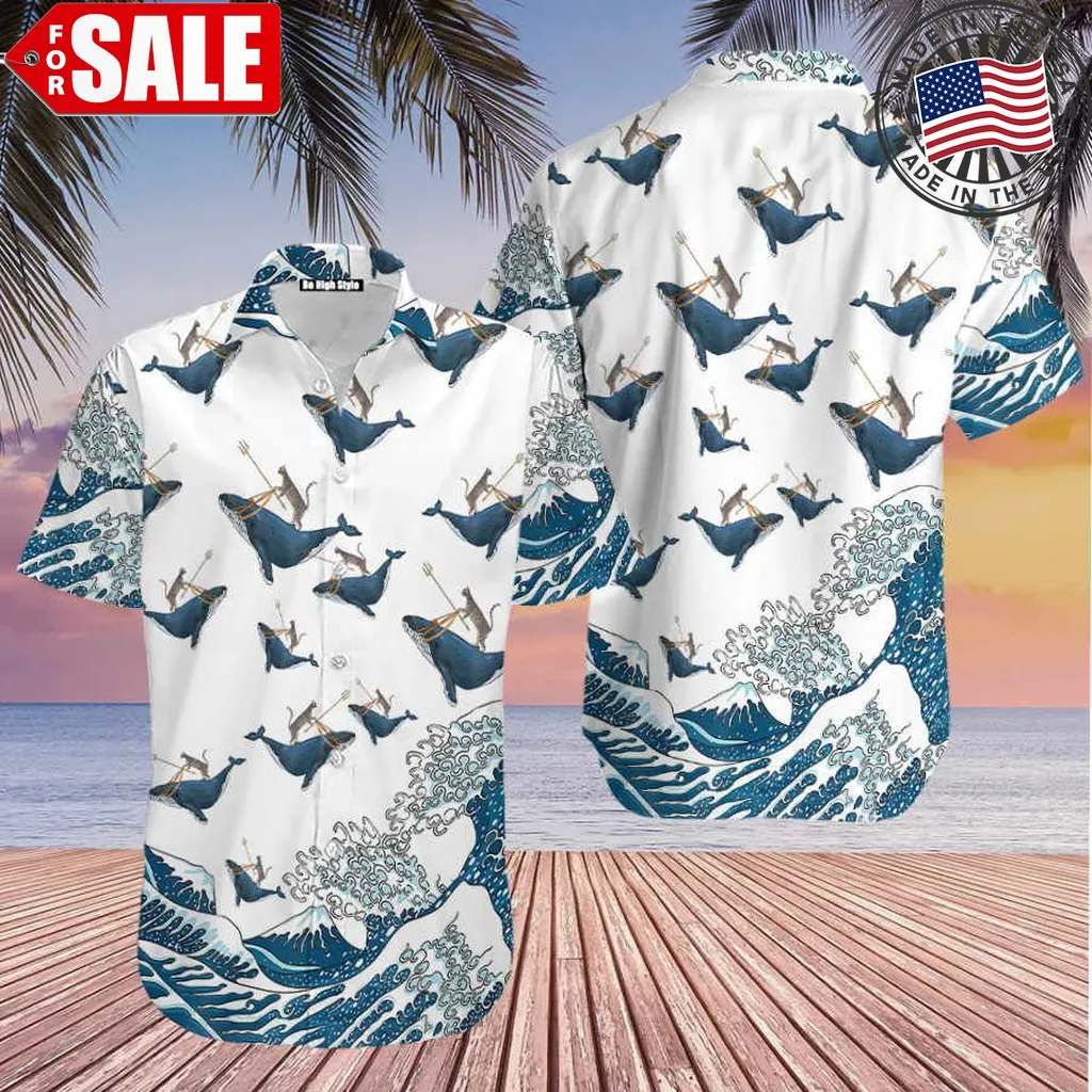 Cat Riding Whale Funny Hawaiian Shirt Size up S to 5XL