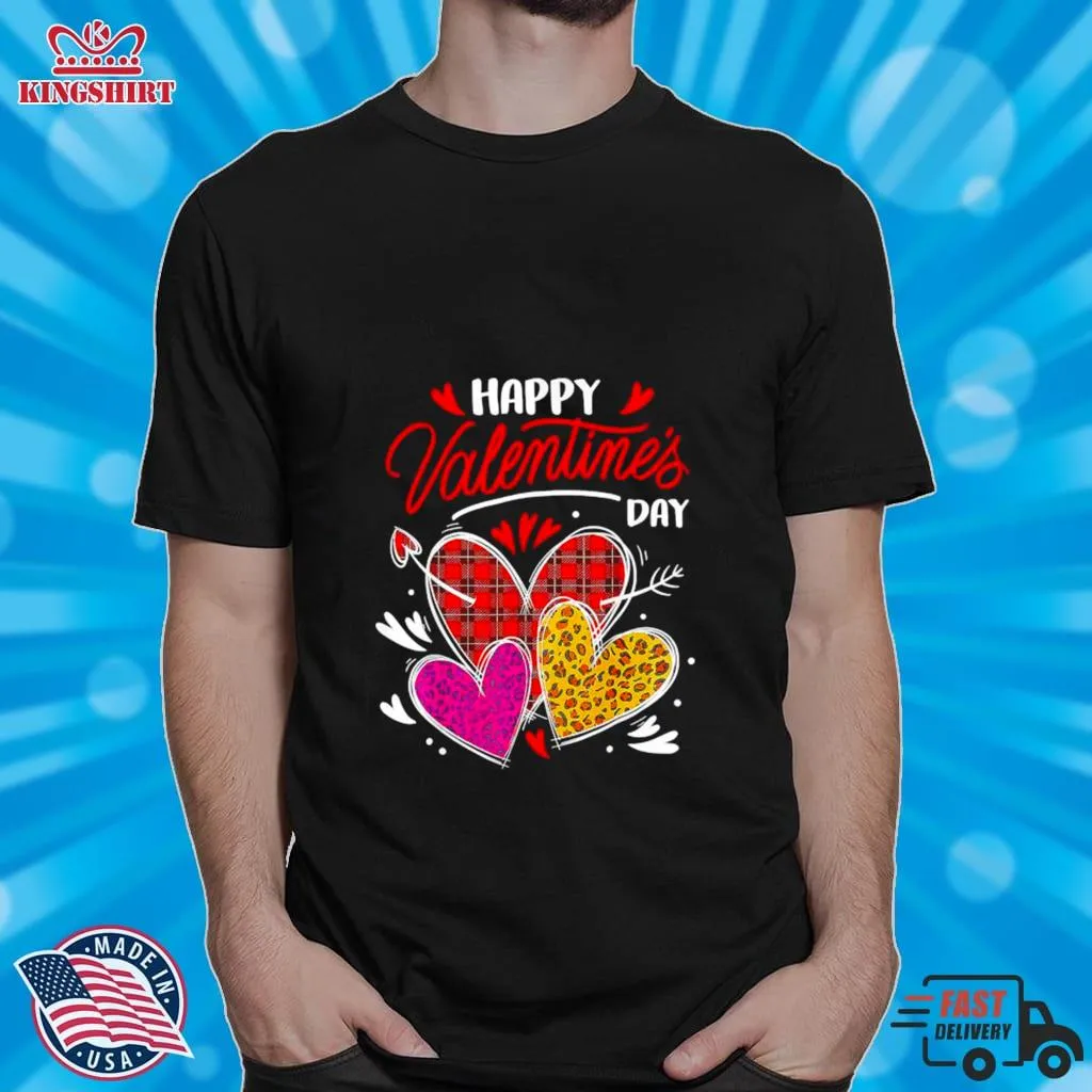 Happy ValentineS Day Three Leopard And Plaid Hearts Girls T Shirt Unisex Tshirt