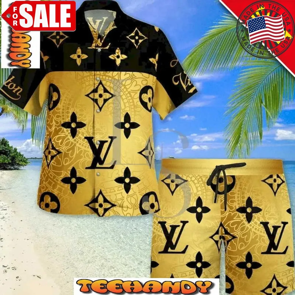 Louis Vuitton Yellow Black Pattern Hawaiian Shirt And Short Unisex