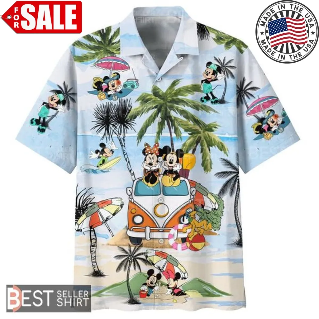 Mickey Mouse And Minnie On Camper Van Disney Hawaiian Shirt Blue Vintage