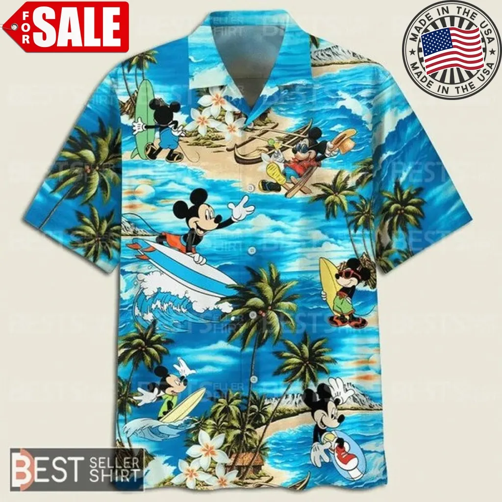 Mickey Mouse Surfing On The Beach Disney Hawaiian Shirt Blue