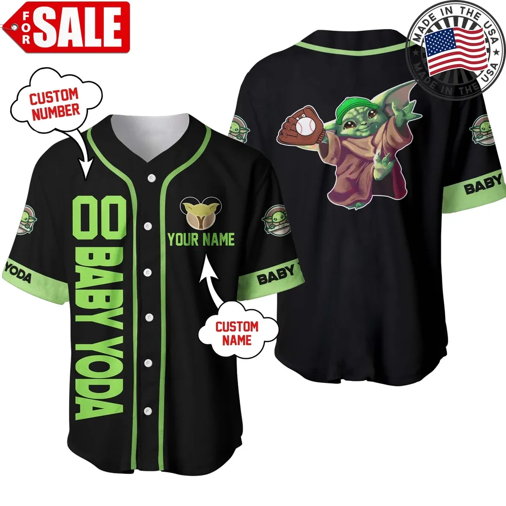 Baby Yoda Black Green Disney Personalized Unisex Cartoon Custom Baseball Jersey Plus Size Disney Mom Shirt