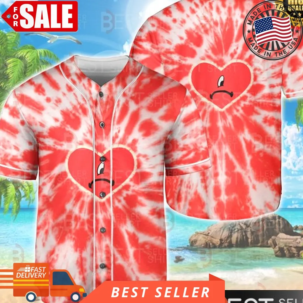 Bad Bunny Rapper Concert Outfit Heart Logo Red Tie Dye Baseball Jersey Tee Size up S to 5XL Trending
