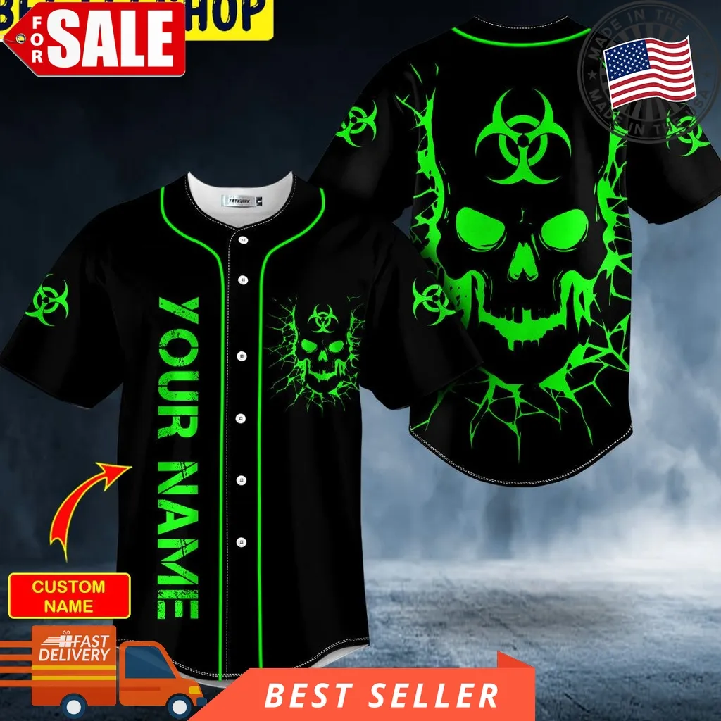 Biohazard Symbol Green Flame Skull Custom Trending Baseball Jersey Unisex