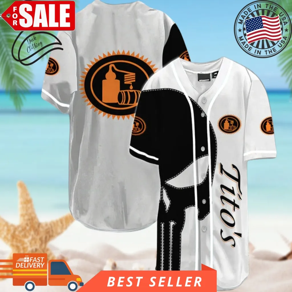 Black Skull Tito's Baseball Jersey, Halloween Shirt, Hawaii Holiday Beach Flamingo Stag Brewery Summer 