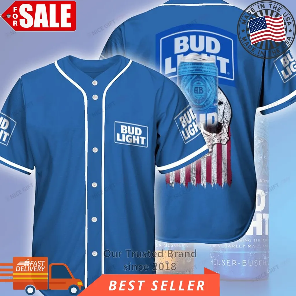Bud Light Skull United States Flag Blue Baseball Jersey Unisex