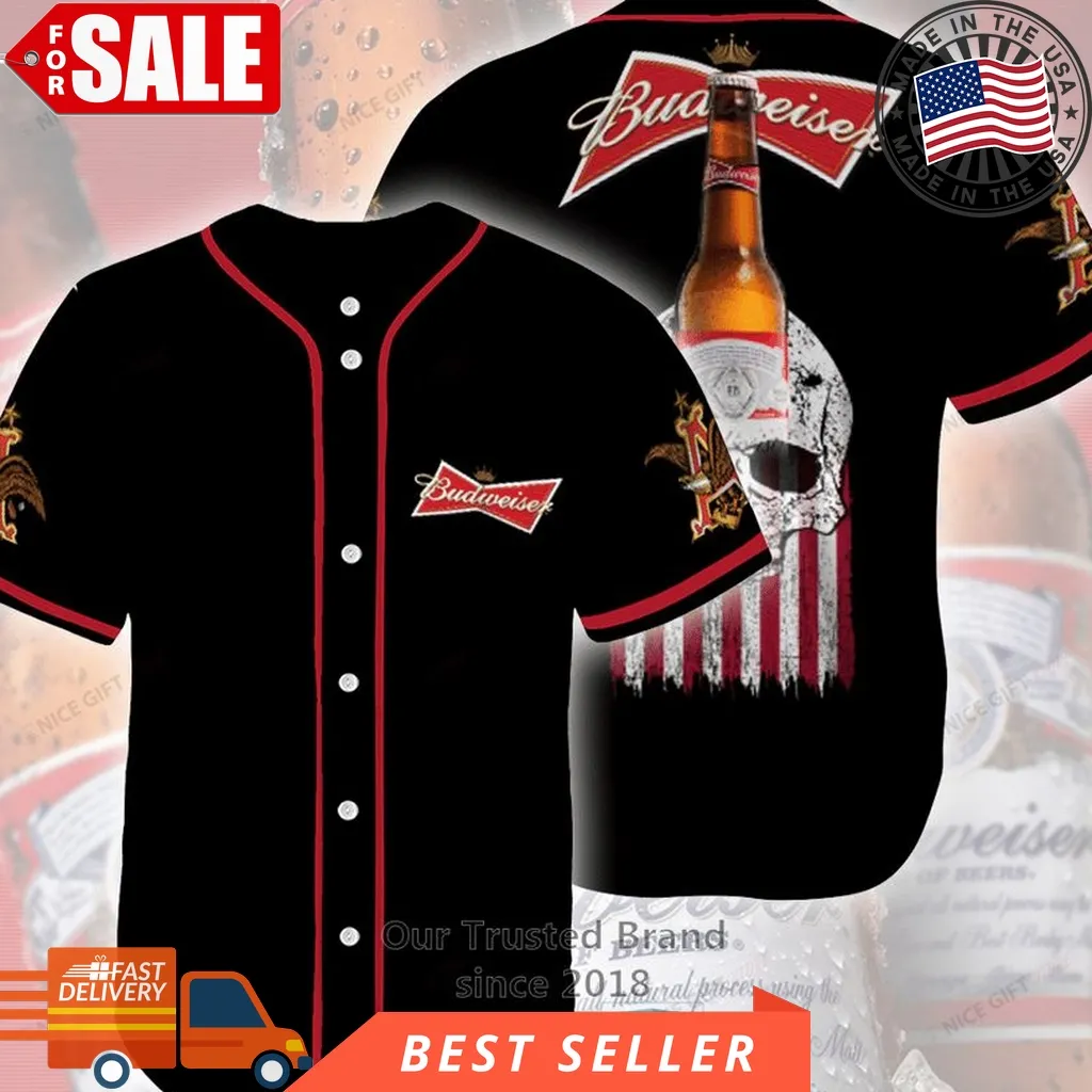 Budweiser Skull United States Flag Black Baseball Jersey Size up S to 5XL