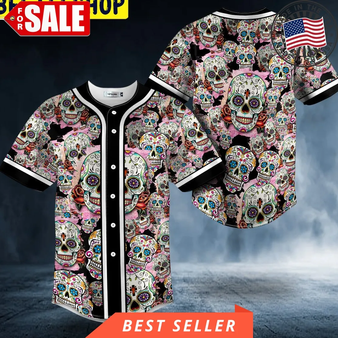 Colored Sugar Skull Doodle Trending Baseball Jersey