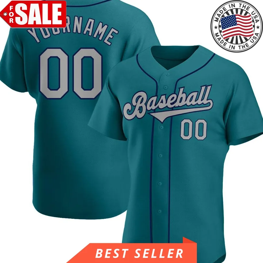 Custom Name And Number Aqua Gray Navy Authentic Baseball Jersey Shirt Unisex