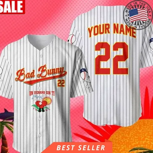 Custom Name And Number Bad Bunny Un Verano Sin Ti White Striped Baseball Jersey Plus Size Trending