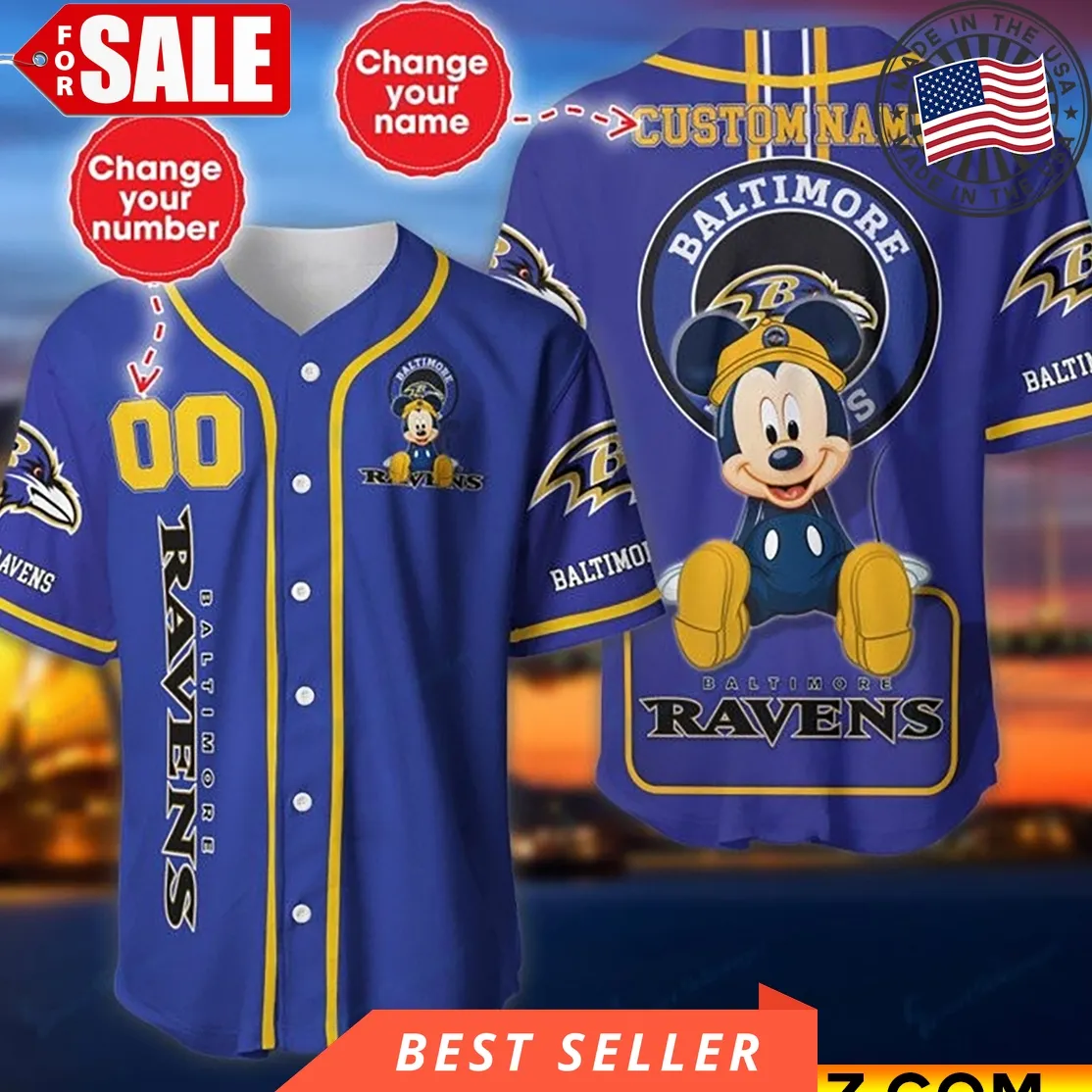 Custom Name And Number Disney Mickey Baltimore Ravens Nfl Baseball Jersey Size up S to 5XL Trending