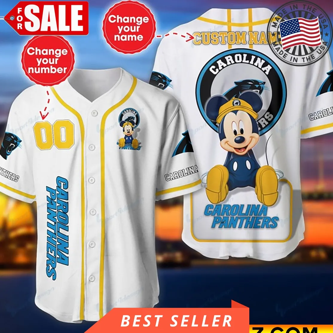 Custom Name And Number Disney Mickey Carolina Panthers Nfl Baseball Jersey Unisex Sunflower