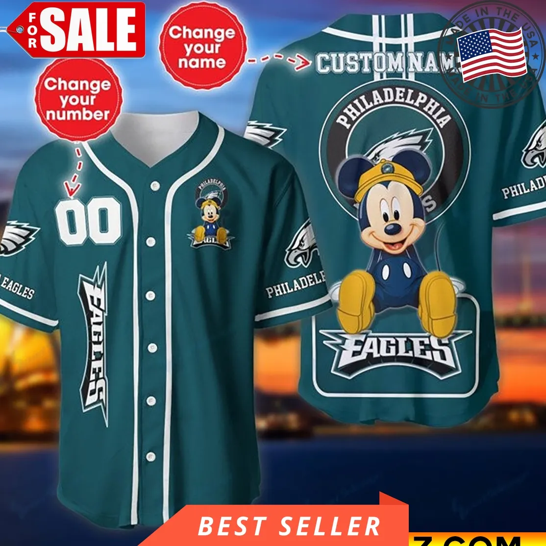 Custom Name And Number Disney Mickey Philadelphia Eagles Nfl Baseball Jersey Size up S to 5XL Trending