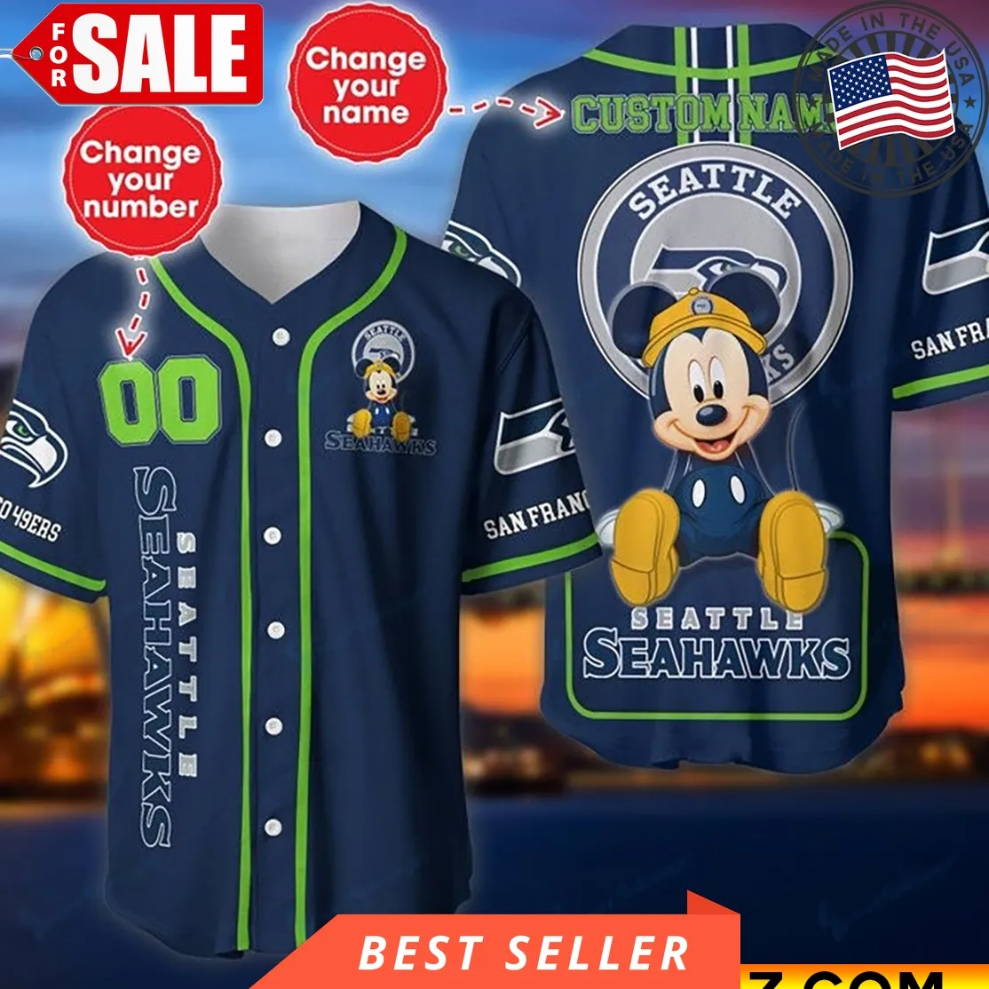 Custom Name And Number Disney Mickey Seattle Seahawks Nfl Baseball Jersey Unisex Sunflower