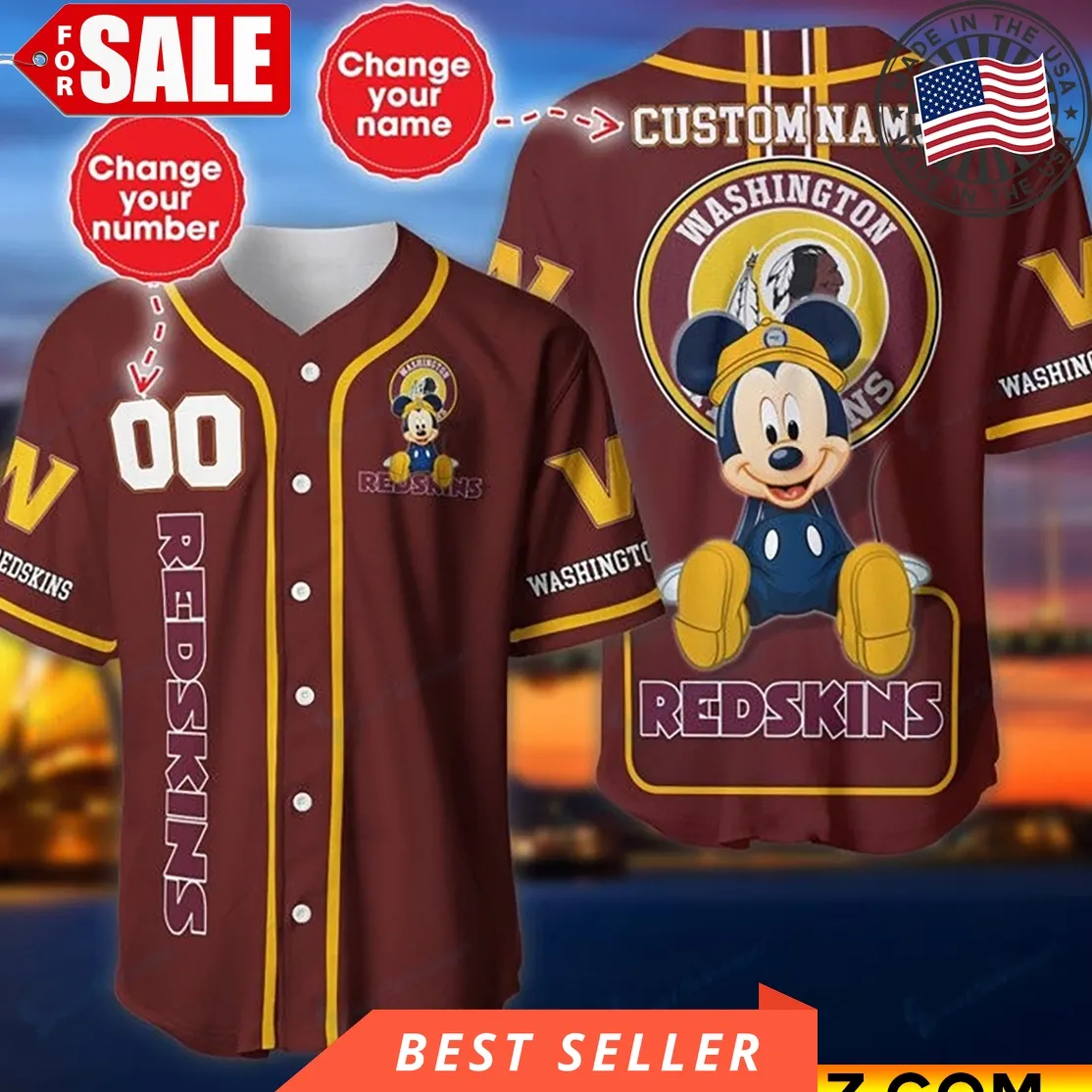 Custom Name And Number Disney Mickey Washington Redskins Nfl Baseball Jersey Size up S to 5XL Disney Mom Shirt,Sunflower,Baseball,Son