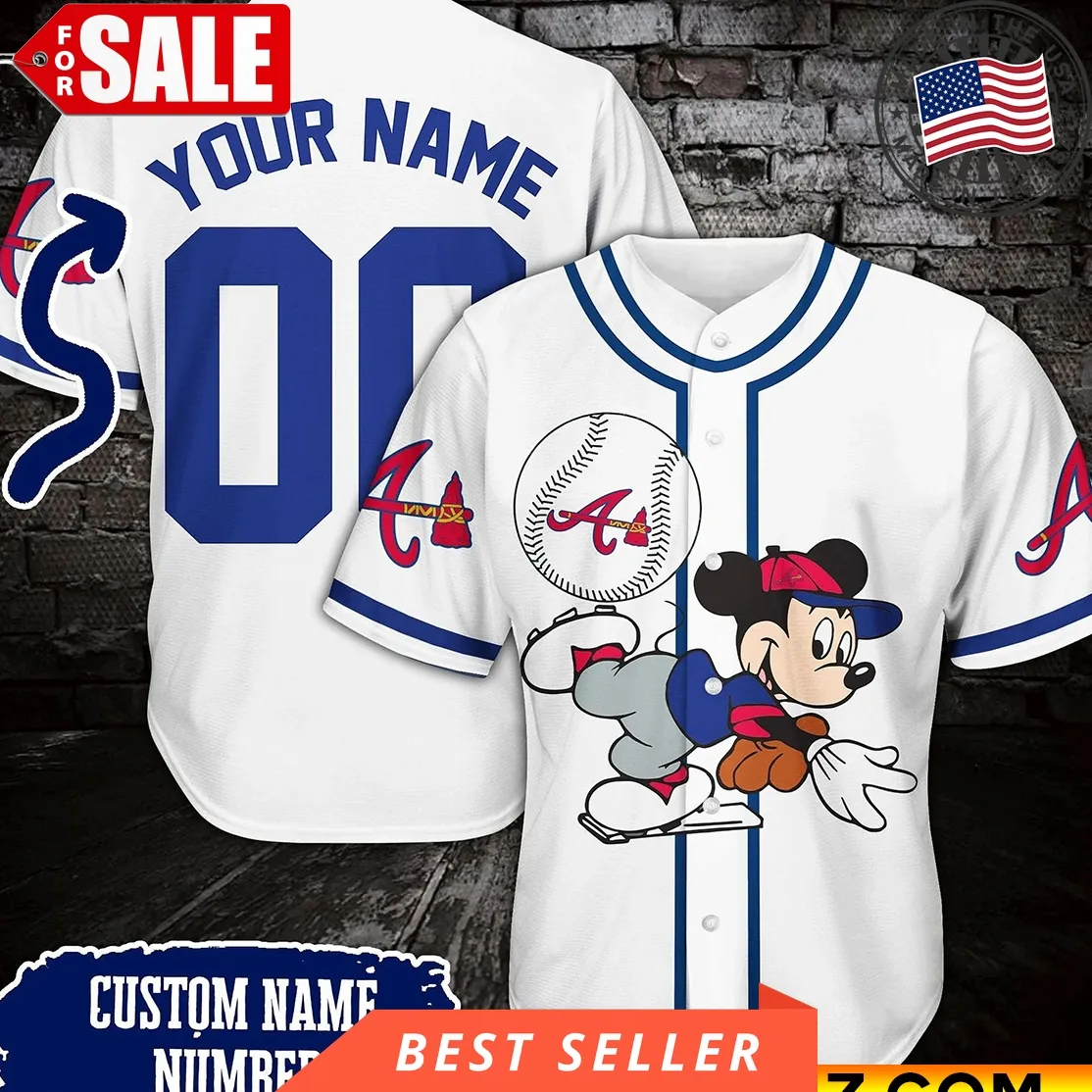 Custom Name And Number Logo Atlanta Braves X Disney Mickey Throwball Baseball Jersey Size up S to 5XL Trending