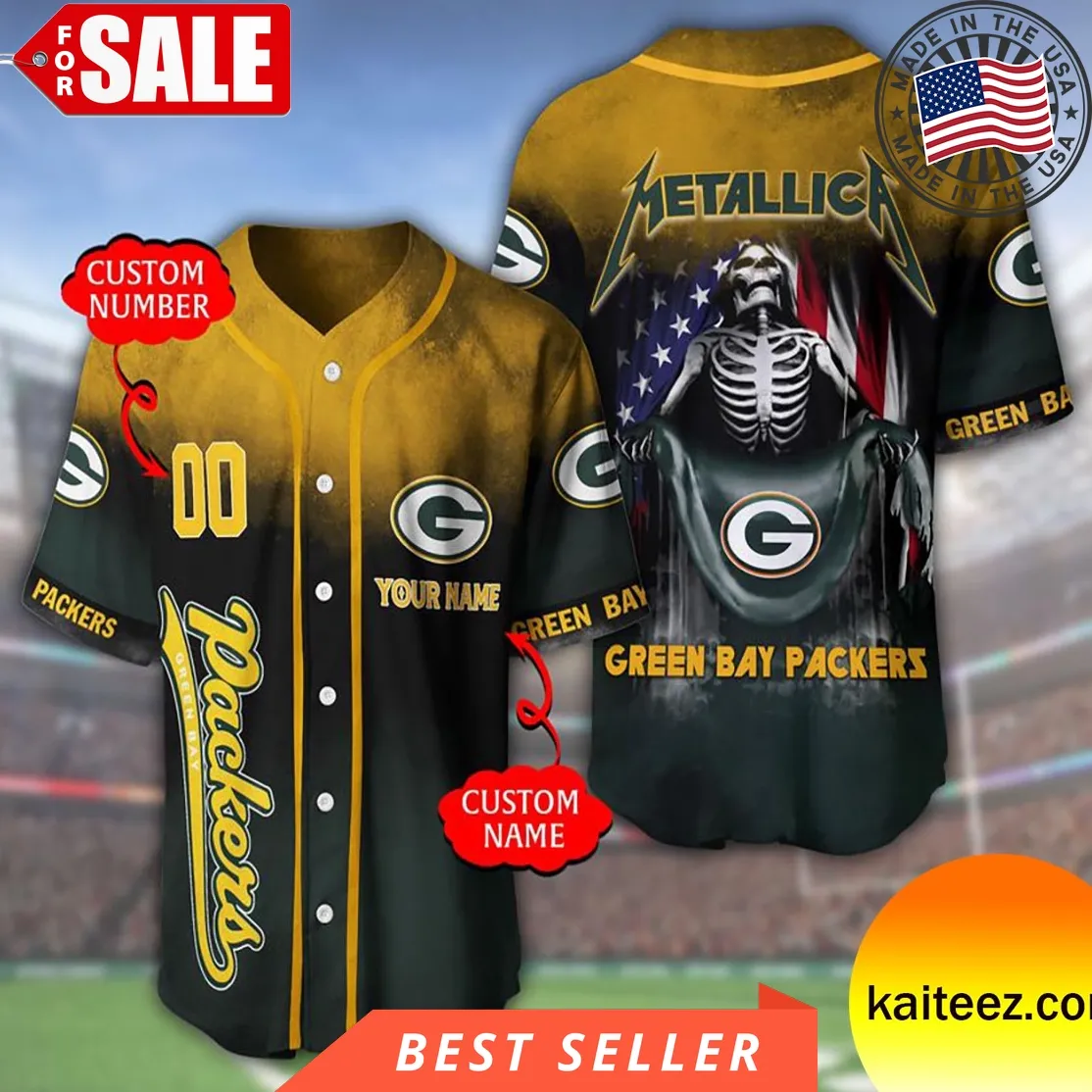 Custom Name And Number Metallica Band Green Bay Packer Nfl Flag America  Baseball Jersey Size up