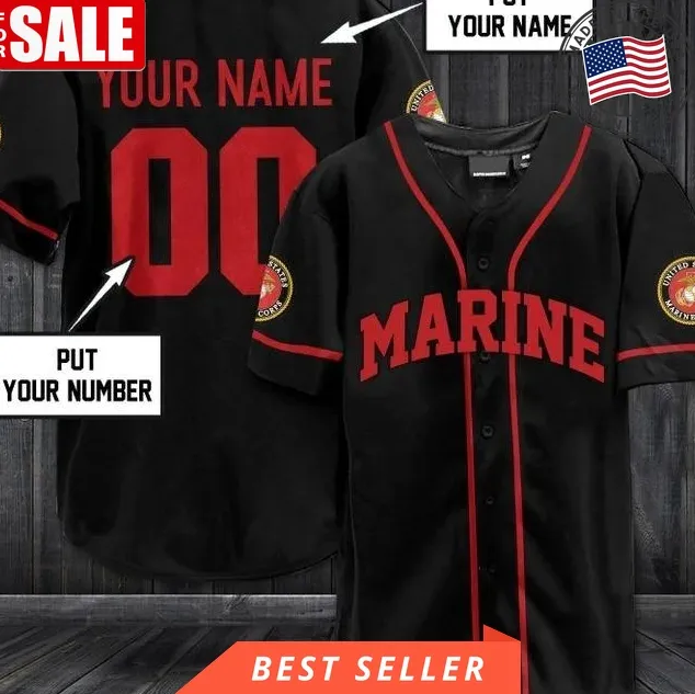 Custom Name And Number Us Marine Black Baseball Jersey Shirt Size up S to 5XL