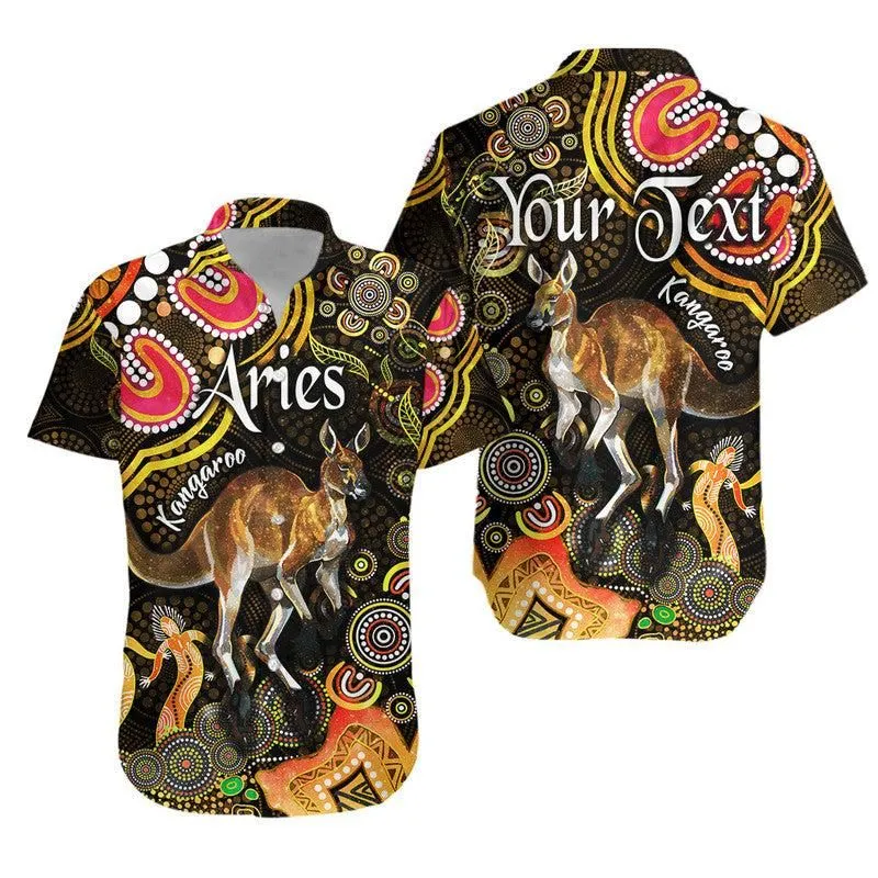(Custom Personalised) Australian Astrology Hawaiian Shirt Aries Kangaroo Zodiac Aboriginal Vibes   Gold Lt8_0