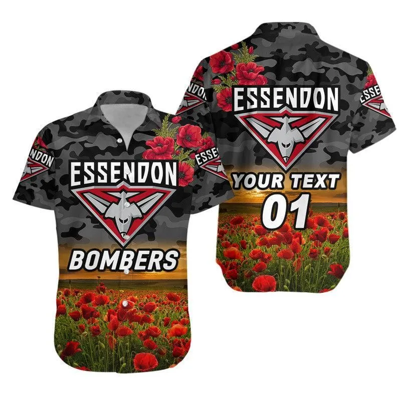 (Custom Personalised) Essendon Bombers Anzac Hawaiian Shirt Poppy Vibes   Black Lt8_1