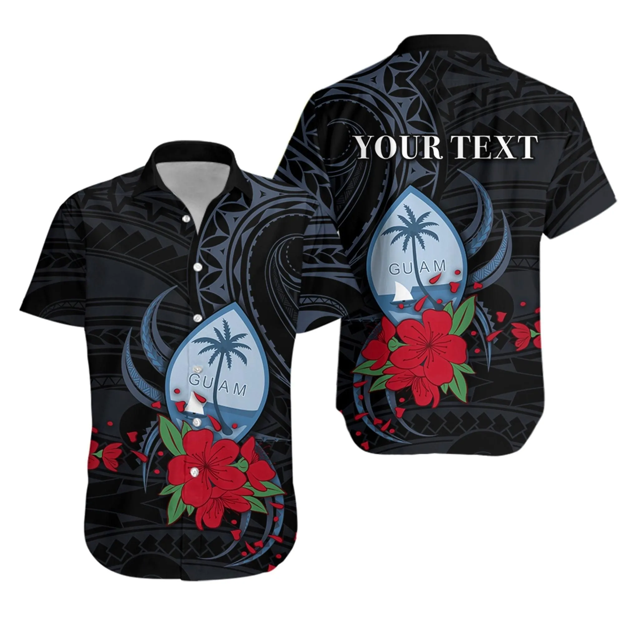 (Custom Personalised) Guam Hawaiian Shirt Polynesian Flowers Version Black Lt13_1