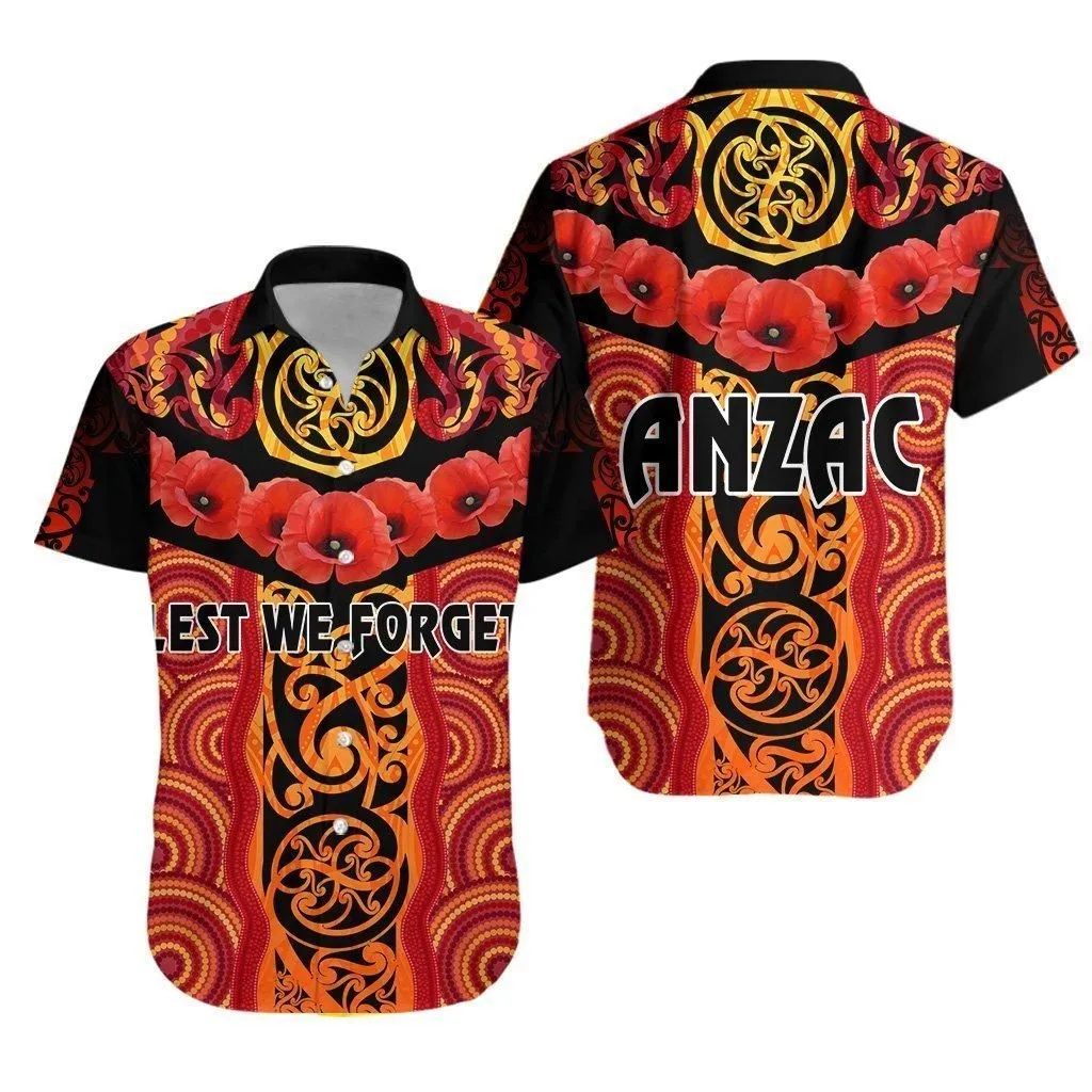 Anzac Lest We Forget Poppy Hawaiian Shirt New Zealand Maori Silver Fern   Australia Aboriginal_1