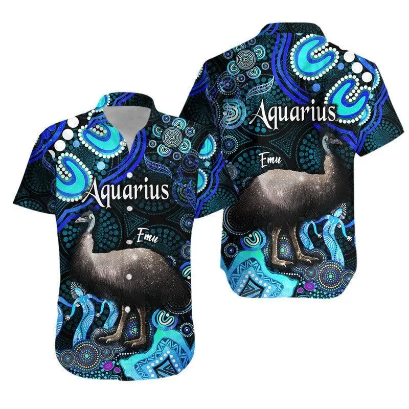 Australian Astrology Hawaiian Shirt Aquarius Emu Glider Zodiac Aboriginal Vibes   Blue Lt8_0