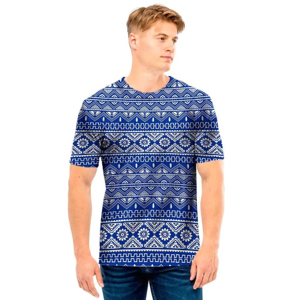 Blue And White African Pattern Print Mens T Shirt_1