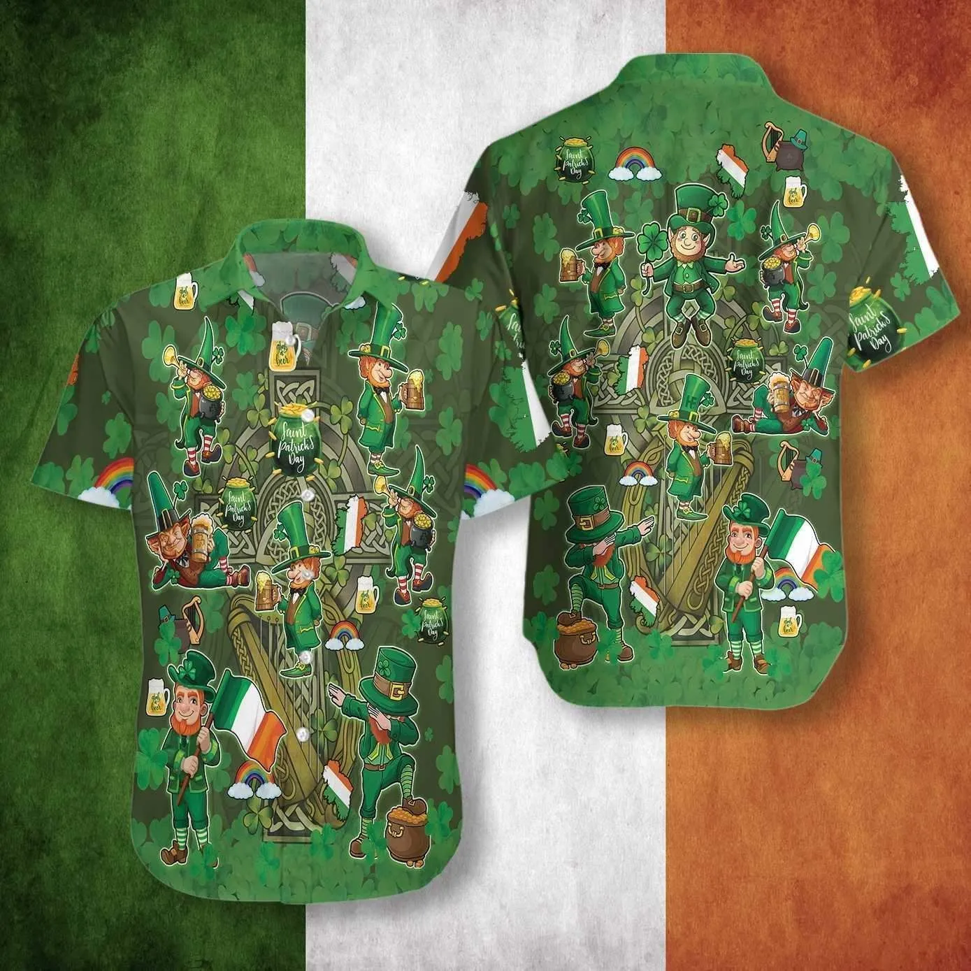 Check Out This Awesome Irish Leprechaun Celtic Harp St Patrick Green Hawaiian Shirts_1
