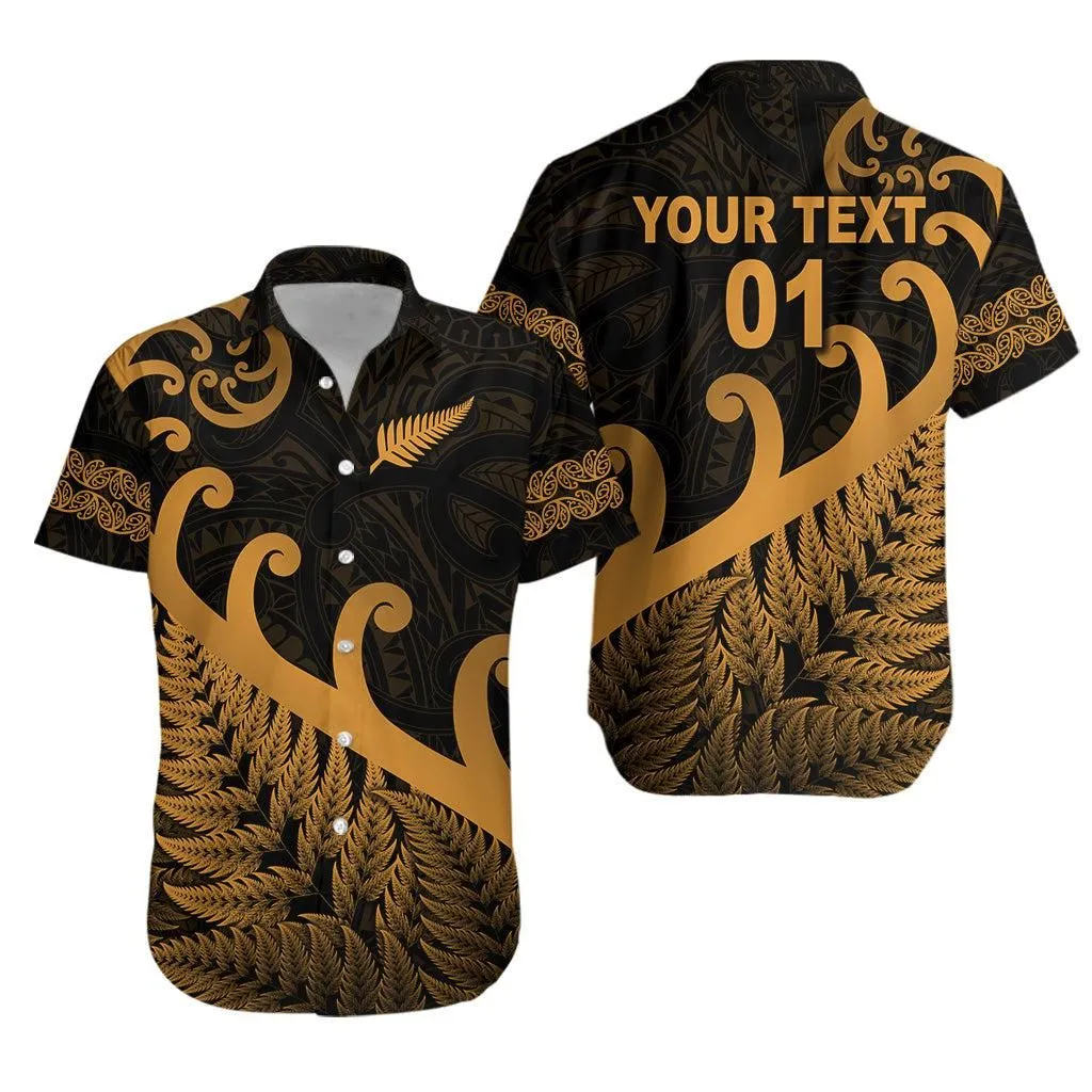 (Custom Personalised) New Zealand Rugby Maori Hawaiian Shirt Silver Fern Koru Vibes   Gold Lt8_1
