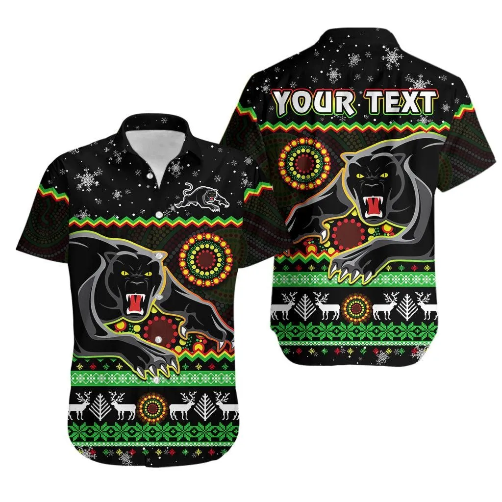 (Custom Personalised) Panthers Christmas Hawaiian Shirt Aboriginal Pattern Penrith Black Version Lt14_0