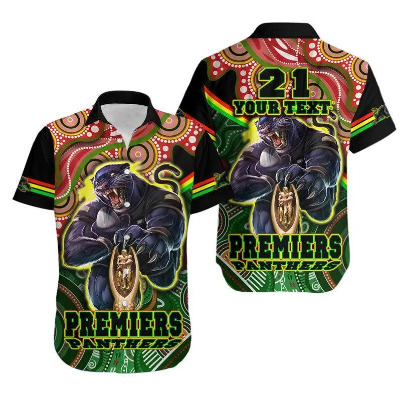 (Custom Personalised) Penrith Panthers Premiers Hawaiian Shirt Black Panther With Aboriginal Arty Lt9_0