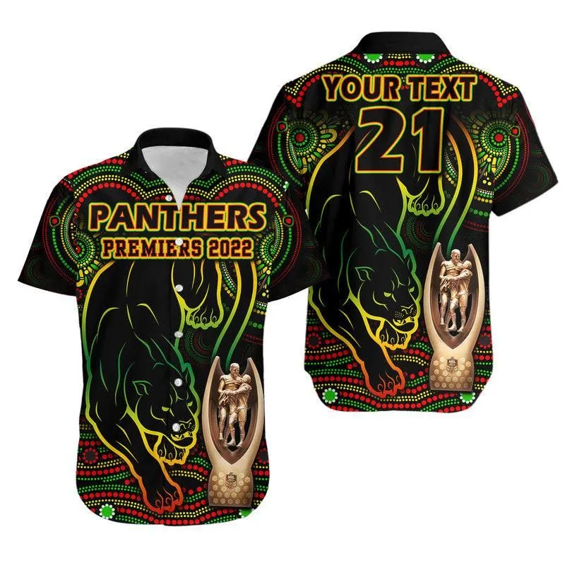 (Custom Personalised) Penrith Panthers Rugby Hawaiian Shirt Black Crouching Panther Premiers 2022 Lt9_0